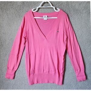 Lacoste Sweater Women 42 (L) Pink V-Neck Cotton Long Sleeve Embroidered Logo